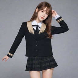 Anime style female high-school uniform in black color accentuated with golden details