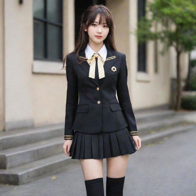 Anime style female high-school uniform in black color accentuated with golden details