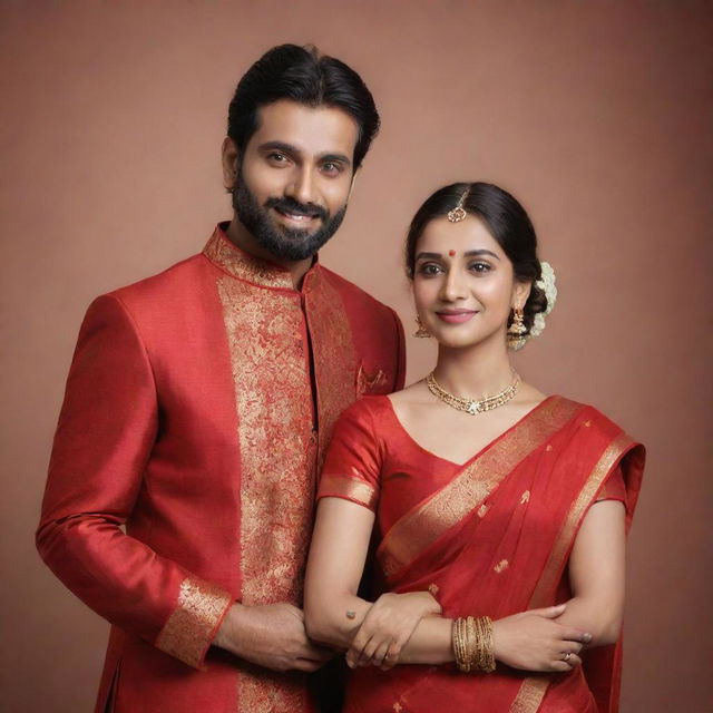 A 3D rendered Indian couple, Vidhi in a radiant red saree and Vikram in a matching red kurta, with their names elegantly inscribed somewhere visible in the image.