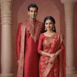 A 3D rendered Indian couple, Vidhi in a radiant red saree and Vikram in a matching red kurta, with their names elegantly inscribed somewhere visible in the image.