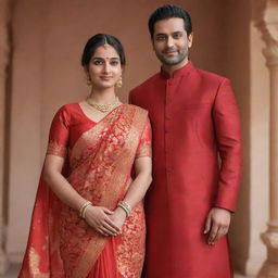 A 3D rendered Indian couple, Vidhi in a radiant red saree and Vikram in a matching red kurta, with their names elegantly inscribed somewhere visible in the image.