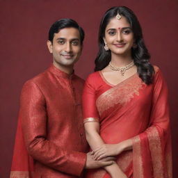 A 3D rendered Indian couple, Vidhi in a radiant red saree and Vikram in a matching red kurta, with their names elegantly inscribed somewhere visible in the image.