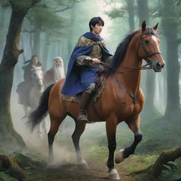 Anime style of a young king, disguised as a wanderer riding a horse, joined by a trusted wizard. They're fleeing through a magical forest, escaping his brothers who are eager to usurp his throne.