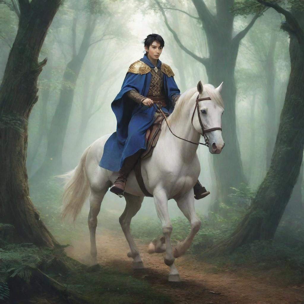 Anime style of a young king, disguised as a wanderer riding a horse, joined by a trusted wizard. They're fleeing through a magical forest, escaping his brothers who are eager to usurp his throne.