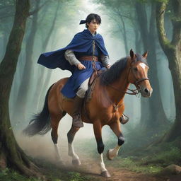 Anime style of a young king, disguised as a wanderer riding a horse, joined by a trusted wizard. They're fleeing through a magical forest, escaping his brothers who are eager to usurp his throne.