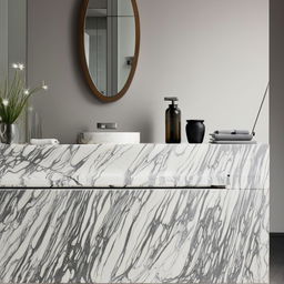 Render a sleek countertop with a modern washbasin. The countertop is glossy marble with hints of grey and white while the basin is a polished white ceramic