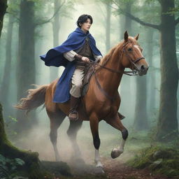 Anime style of a young king, disguised as a wanderer riding a horse, joined by a trusted wizard. They're fleeing through a magical forest, escaping his brothers who are eager to usurp his throne.