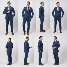 Illustrate an upbeat man donning a stylish suit, standing casually against a seamless white background, with added variations in his pose.