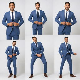 Illustrate an upbeat man donning a stylish suit, standing casually against a seamless white background, with added variations in his pose.