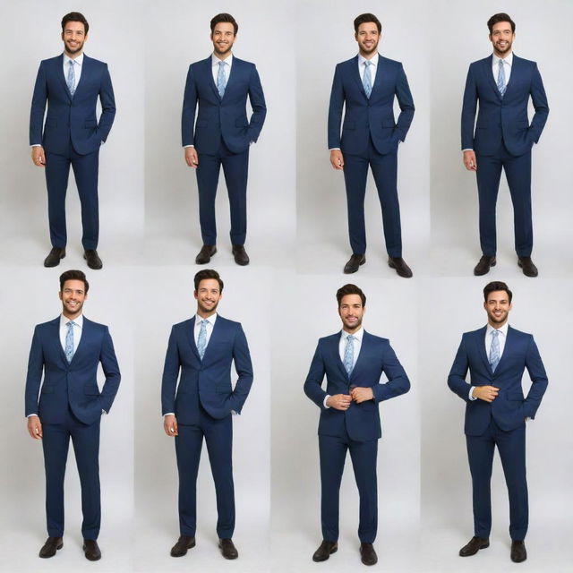 Illustrate an upbeat man donning a stylish suit, standing casually against a seamless white background, with added variations in his pose.