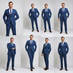 Illustrate an upbeat man donning a stylish suit, standing casually against a seamless white background, with added variations in his pose.