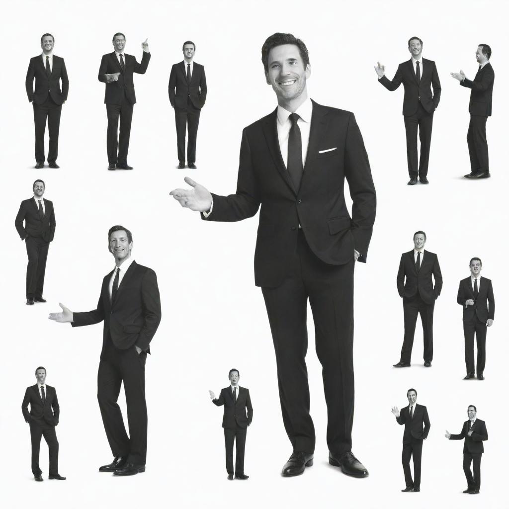 A series of doodles depicting an jovial man in a sleek black suit, posed casually against a pure white background.