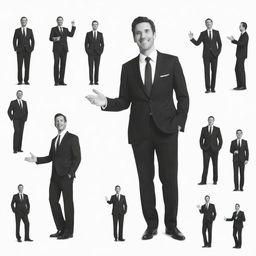 A series of doodles depicting an jovial man in a sleek black suit, posed casually against a pure white background.