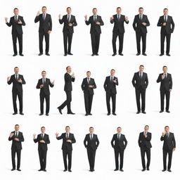 A series of doodles depicting an jovial man in a sleek black suit, posed casually against a pure white background.