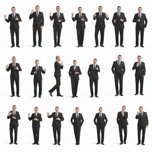 A series of doodles depicting an jovial man in a sleek black suit, posed casually against a pure white background.