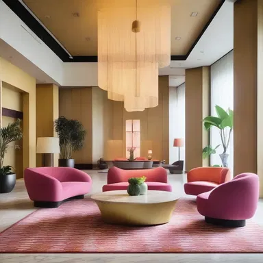 The hotel's lobby was adorned with soporiferous colors and soft furnishings, creating a relaxing and peaceful space for guests.