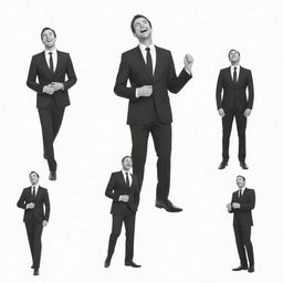 A series of doodles depicting an jovial man in a sleek black suit, posed casually against a pure white background.