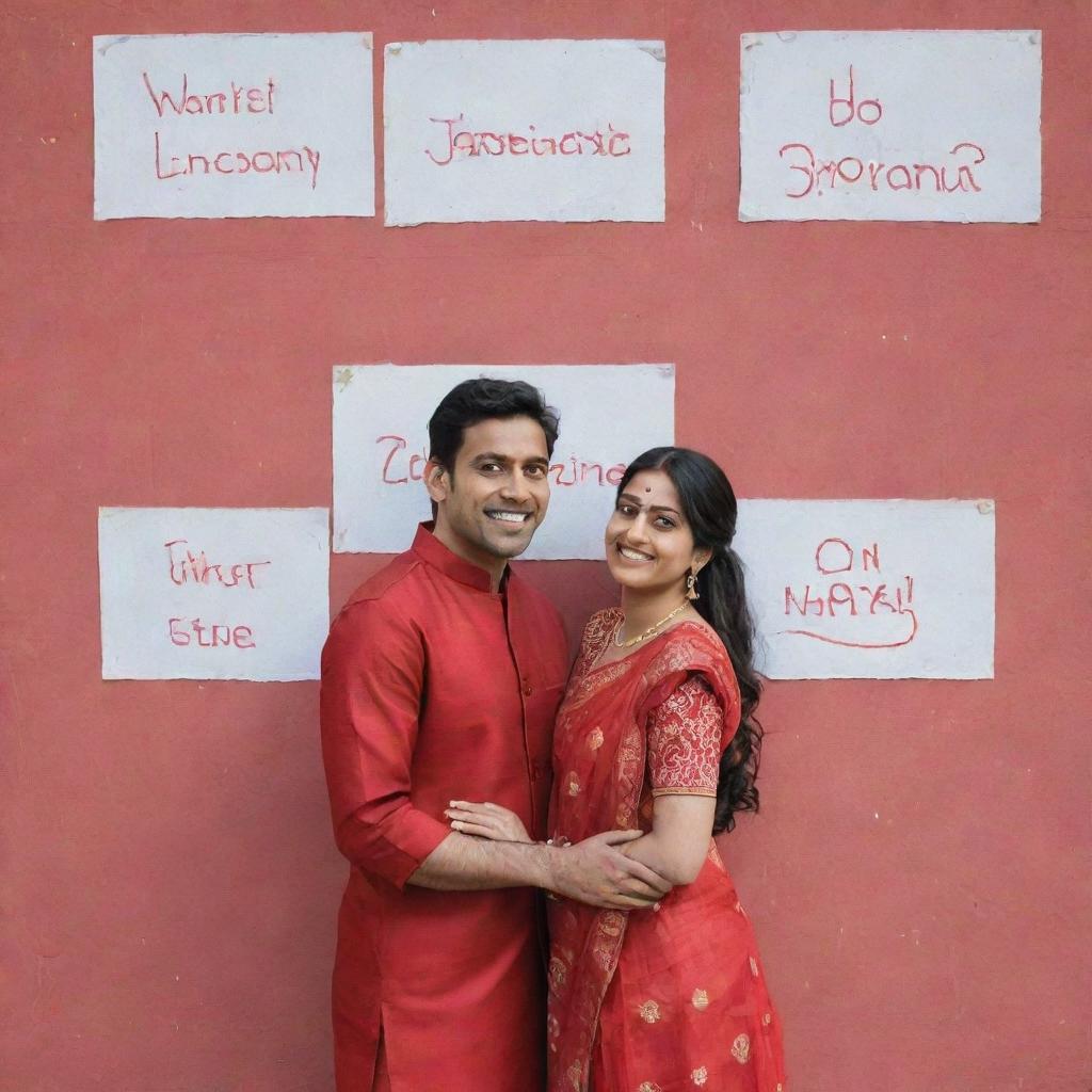 A cartoonish image of an Indian couple, Vidhi in a red saree and Vikram in a red kurta, standing in front of a wall with their names playfully written on it.