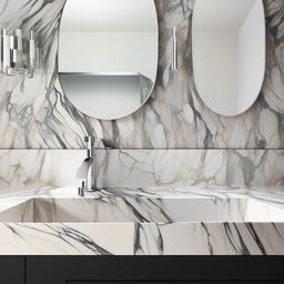 Render a sleek countertop with a modern washbasin. The countertop is glossy marble with hints of grey and white while the basin is a polished white ceramic