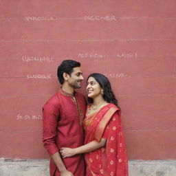 A cartoonish image of an Indian couple, Vidhi in a red saree and Vikram in a red kurta, standing in front of a wall with their names playfully written on it.