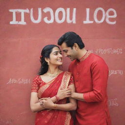 A cartoonish image of an Indian couple, Vidhi in a red saree and Vikram in a red kurta, standing in front of a wall with their names playfully written on it.