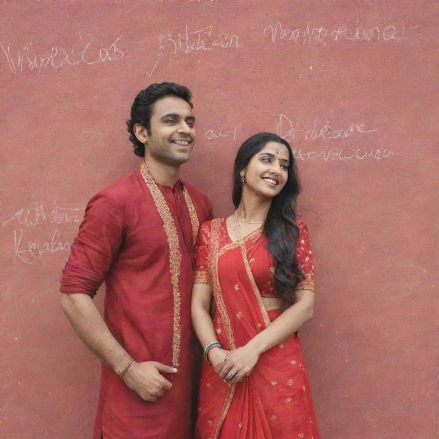 A cartoonish image of an Indian couple, Vidhi in a red saree and Vikram in a red kurta, standing in front of a wall with their names playfully written on it.