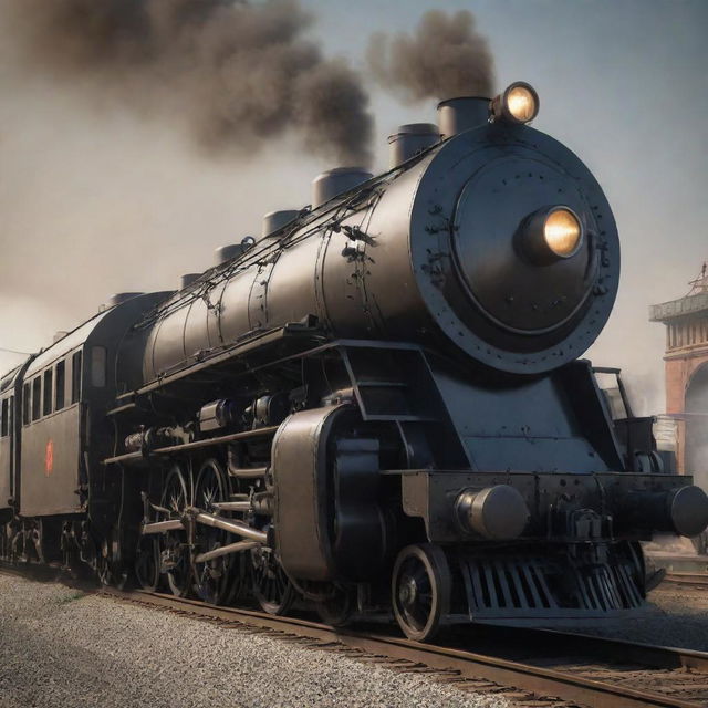 Create an image of a train in a dieselpunk world. It’s a smoke-belching mechanical beast, with sleek Art Deco design elements, boasting heavy-duty steel, large grilles, and colossal wheels, all punctuated by the mighty roar of its diesel engine.