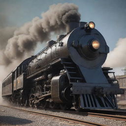 Create an image of a train in a dieselpunk world. It’s a smoke-belching mechanical beast, with sleek Art Deco design elements, boasting heavy-duty steel, large grilles, and colossal wheels, all punctuated by the mighty roar of its diesel engine.