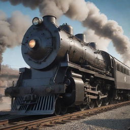 Create an image of a train in a dieselpunk world. It’s a smoke-belching mechanical beast, with sleek Art Deco design elements, boasting heavy-duty steel, large grilles, and colossal wheels, all punctuated by the mighty roar of its diesel engine.