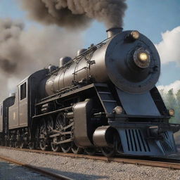 Create an image of a train in a dieselpunk world. It’s a smoke-belching mechanical beast, with sleek Art Deco design elements, boasting heavy-duty steel, large grilles, and colossal wheels, all punctuated by the mighty roar of its diesel engine.