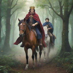 An anime-style depiction of a young king, incognito as a wanderer on horseback, with his faithful wizard companion. They are frantically fleeing through a mystical forest to escape his throne-grabbing brothers.