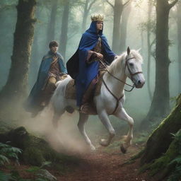 An anime-style depiction of a young king, incognito as a wanderer on horseback, with his faithful wizard companion. They are frantically fleeing through a mystical forest to escape his throne-grabbing brothers.