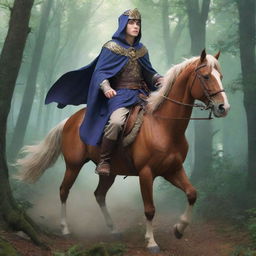 An anime-style depiction of a young king, incognito as a wanderer on horseback, with his faithful wizard companion. They are frantically fleeing through a mystical forest to escape his throne-grabbing brothers.