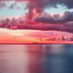 Generate a visionary image of a vibrant blue sea under a sunset sky with fluffy pink clouds, with a lush green island at the center and seagulls flying in the distance.