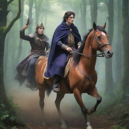 An anime-style depiction of a young king, incognito as a wanderer on horseback, with his faithful wizard companion. They are frantically fleeing through a mystical forest to escape his throne-grabbing brothers.