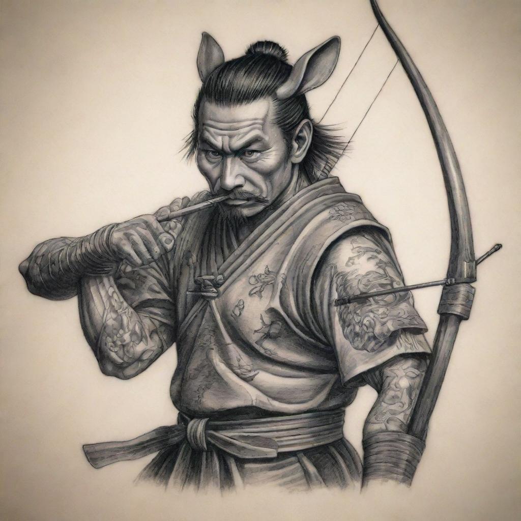 A detailed tattoo design featuring a samurai with a rat face, expertly drawing a bow and preparing to shoot an arrow.