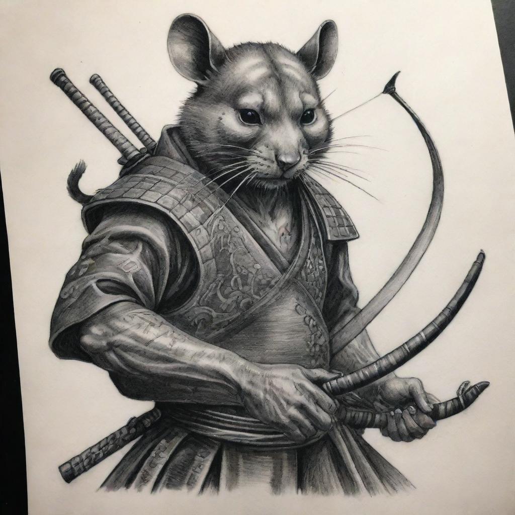 A detailed tattoo design featuring a samurai with a rat face, expertly drawing a bow and preparing to shoot an arrow.