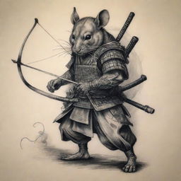 A detailed tattoo design featuring a samurai with a rat face, expertly drawing a bow and preparing to shoot an arrow.