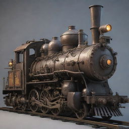 Create an image of a gaspunk train. This locomotive is an industrial beauty fueled by gas, adorned with gas lamps, a web of tubes, brass fittings, large viewing windows, and complex mechanical details.