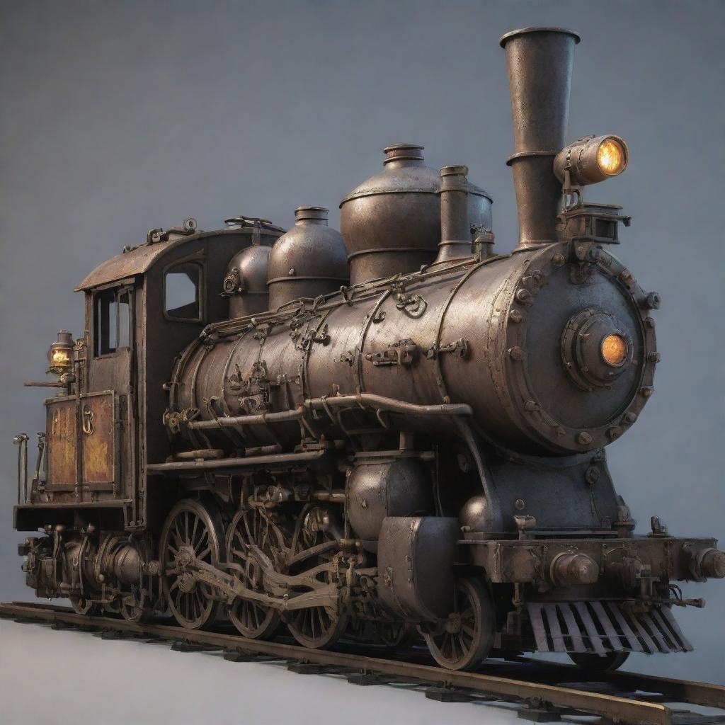 Create an image of a gaspunk train. This locomotive is an industrial beauty fueled by gas, adorned with gas lamps, a web of tubes, brass fittings, large viewing windows, and complex mechanical details.