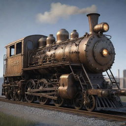 Create an image of a gaspunk train. This locomotive is an industrial beauty fueled by gas, adorned with gas lamps, a web of tubes, brass fittings, large viewing windows, and complex mechanical details.