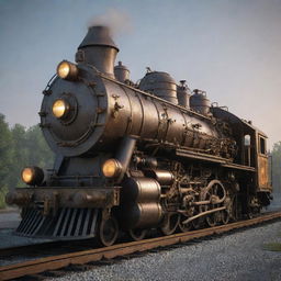 Create an image of a gaspunk train. This locomotive is an industrial beauty fueled by gas, adorned with gas lamps, a web of tubes, brass fittings, large viewing windows, and complex mechanical details.