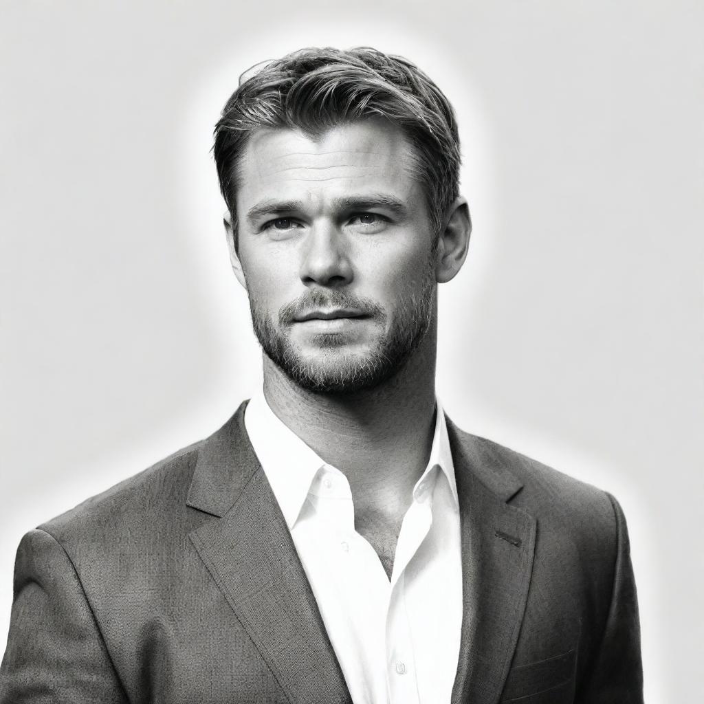 Sketch a casual doodle of Chris Hemsworth donning a sleek suit, relaxed against a stark white background.