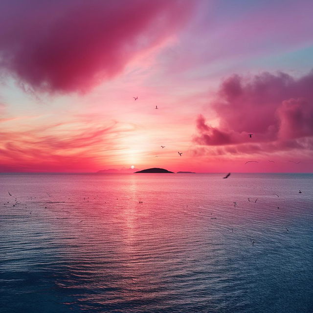 Generate a visionary image of a vibrant blue sea under a sunset sky with fluffy pink clouds, with a lush green island at the center and seagulls flying in the distance.