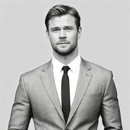 Sketch a casual doodle of Chris Hemsworth donning a sleek suit, relaxed against a stark white background.