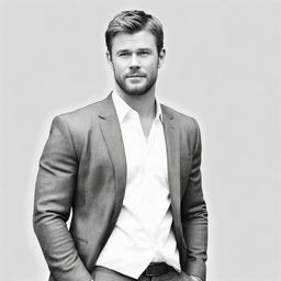 Sketch a casual doodle of Chris Hemsworth donning a sleek suit, relaxed against a stark white background.