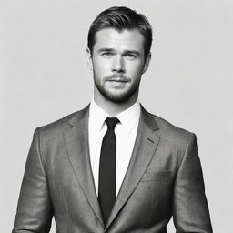 Sketch a casual doodle of Chris Hemsworth donning a sleek suit, relaxed against a stark white background.