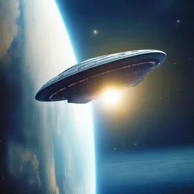 The spaceship in the science fiction movie flew past Earth, leaving a glaringly bright trail of light behind.