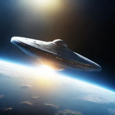 The spaceship in the science fiction movie flew past Earth, leaving a glaringly bright trail of light behind.