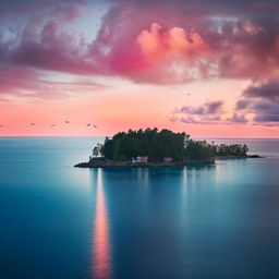 Generate a visionary image of a vibrant blue sea under a sunset sky with fluffy pink clouds, with a lush green island at the center and seagulls flying in the distance.